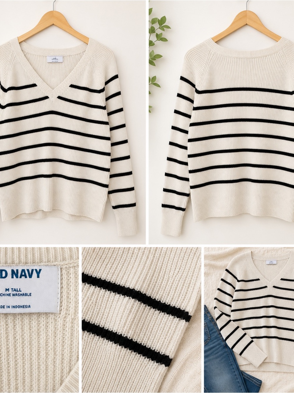 Old Navy Cream and Black Striped V-Neck Sweater